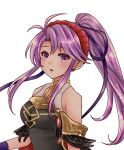  1girl bangs bare_shoulders black_dress breasts dress earrings fire_emblem fire_emblem:_genealogy_of_the_holy_war fire_emblem_heroes hair_ribbon highres jewelry long_hair looking_at_viewer official_alternate_costume open_mouth ponytail purple_eyes purple_hair ribbon run_illust solo tailtiu_(fire_emblem) upper_body white_background 