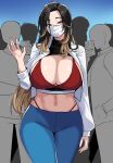  1girl black_eyes black_hair blue_pants breasts brown_hair cleavage hand_up hella_p highres jacket large_breasts long_hair long_sleeves looking_at_viewer mask mouth_mask multicolored_hair navel open_clothes open_jacket original pants solo_focus symbol-only_commentary white_jacket 