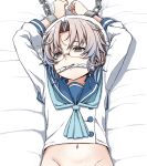 1girl aqua_neckerchief arms_up bangs bed_sheet blue_hair blue_sailor_collar bottomless bound bound_wrists brown_eyes chain commentary_request gag gagged gradient_hair grey_hair hat hirato_(kancolle) kantai_collection looking_at_viewer lying moti_coi multicolored_hair neckerchief on_back sailor_collar school_uniform serafuku solo upper_body white_headwear 