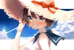  1girl bangs bare_arms blue_eyes blue_sky blush brown_hair brown_headwear cloud from_side grin hair_between_eyes hat highres hololive letterboxed looking_at_viewer looking_to_the_side mashiro_io oozora_subaru portrait short_hair sky smile solo straw_hat sun_hat sweat virtual_youtuber 