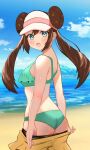 1girl :d bangs bikini blush breasts brown_hair clothes_pull cloud commentary_request day double_bun green_bikini green_eyes hair_bun long_hair looking_at_viewer okuro_zmzm open_mouth outdoors pokemon pokemon_(game) pokemon_bw2 rosa_(pokemon) sand shore shorts shorts_pull sky smile solo swimsuit tongue twintails visor_cap water yellow_shorts 