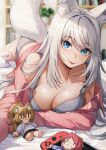  1girl animal_ear_fluff animal_ears bangs blue_eyes blurry blurry_background blush bra breast_hold breasts character_doll cleavage closed_mouth fox_ears fox_girl fox_tail grey_bra grey_panties highres ihachisu indoors large_breasts long_hair long_sleeves looking_at_viewer meridian_project nintendo_switch on_bed original panties pink_shirt seki_(vtuber) shirt solo tail tongue tongue_out underwear virtual_youtuber white_hair 