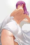  1girl absurdres ass back backboob breasts closed_mouth fate/stay_night fate_(series) from_behind hair_ribbon highres long_hair matou_sakura naked_towel purple_eyes purple_hair red_ribbon ribbon rororo solo towel 