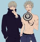  2boys bandage_on_face bandages blonde_hair blue_background blue_pants commentary_request dual_persona facial_tattoo hand_in_pocket high_collar holding holding_megaphone inumaki_toge jacket jujutsu_kaisen korean_commentary kukig8765 long_sleeves looking_at_viewer male_focus male_underwear male_underwear_peek megaphone multiple_boys nipples pants purple_hair school_uniform short_hair simple_background tattoo toned toned_male tongue tongue_out topless_male underwear 