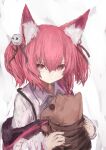  1girl absurdres animal_ear_fluff animal_ears arknights bangs black_ribbon brown_eyes closed_mouth collared_shirt hair_between_eyes hair_ribbon highres holding looking_at_viewer piennamekuzi red_hair ribbon shamare_(arknights) shirt sketch solo stuffed_animal stuffed_dog stuffed_toy twintails upper_body white_shirt 