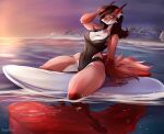  anthro breasts bunnywhiskerz cleavage clothed clothing female fur mammal one-piece_swimsuit red_body red_fur solo surfboard swimwear thick_thighs water 