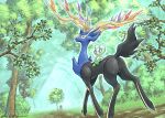  :d absurdres blue_eyes bush celebi commentary_request day forest grass happy highres katkichi looking_up nature no_humans open_mouth outdoors pokemon pokemon_(creature) riding riding_pokemon smile tongue tree xerneas 