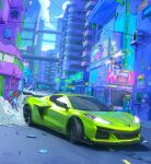  absurdres bridge cable car chevrolet chevrolet_corvette cloud cyberpunk drifting glowing ground_vehicle headlight highres motor_vehicle no_humans official_art original sky solo vehicle_focus xsullo 