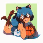  1:1 5_fingers 5_toes anthro ball barefoot basketball_(ball) blue_hair bottomwear brand_new_animal brown_body brown_fur canid canine claws clothed clothing digital_media_(artwork) enigma_(artist) feet female fingers fur hair hand_on_face hi_res holding_object humanoid_feet inflatable looking_at_viewer lying mammal michiru_kagemori open_mouth raccoon_dog shirt short_hair shorts simple_background smile smiling_at_viewer soles solo studio_trigger tank_top tanuki teeth text toes tongue topwear 