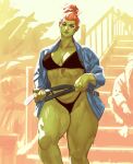  belt bikini breasts clothed clothing crom_(artist) dripping_wet female green_body green_skin hair hi_res humanoid looking_at_viewer muscular muscular_female muscular_humanoid muscular_thighs open_clothing open_robe orange_hair orc outside robe solo stairs swimwear thick_thighs tusks water wet wwalking 