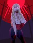  blonde_hair blood bodily_fluids breasts cleavage clothed clothing fangs female glowing glowing_eyes hair hi_res human long_hair looking_at_viewer mammal nipple_outline red_eyes solo tugging_clothing unknown_artist vampire 
