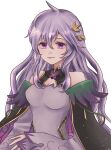  1girl bangs bare_shoulders breasts deirdre_(fire_emblem) dress fire_emblem fire_emblem:_genealogy_of_the_holy_war fire_emblem_heroes hair_between_eyes hair_ornament highres long_hair looking_at_viewer official_alternate_costume purple_dress purple_eyes purple_hair run_illust smile solo white_background 