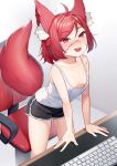  1girl animal_ear_fluff animal_ears bangs bare_shoulders black_shorts blush breasts breasts_apart chair collarbone dolphin_shorts fox_ears fox_girl fox_tail highres ihachisu keyboard_(computer) looking_at_viewer nose_blush original red_eyes red_hair scar scar_on_face short_hair shorts small_breasts solo standing table tail tank_top 