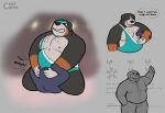  2022 anthro belly big_belly black_body bottomwear brown_body canid canine canis clothing crispcactus domestic_dog duo english_text hi_res male mammal mask moobs necktie nipples overweight overweight_male pants shirt solo text topwear white_body wrestler wrestling 