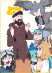  1boy 5girls absurdres animal_ears aqua_hair bangs belt bird bird_tail bird_wings black_gloves black_hair bodystocking bow bowtie breast_pocket caracal_(kemono_friends) caracal_ears christianity collared_shirt common_raccoon_(kemono_friends) english_commentary extra_ears feathered_wings fingerless_gloves flipped_hair fur_collar gloves gradient_neck_ribbon grey_hair grey_necktie grey_shirt grey_shorts hair_between_eyes halo head_wings highres hood hoodie japari_symbol japvs kemono_friends layered_sleeves long_hair long_sleeves lucky_beast_(kemono_friends) monk multicolored_hair multiple_girls neck_ribbon necktie orange_bow orange_bowtie orange_hair pantyhose pocket print_bow print_bowtie print_gloves raccoon_ears raccoon_girl real_life ribbon saint_francis_of_assisi serval_(kemono_friends) serval_print shirt shoebill shoebill_(kemono_friends) short-sleeved_sweater short_over_long_sleeves short_sleeves shorts sidelocks snake_tail staring striped striped_hoodie striped_tail sweater tail tonsure traditional_bowtie tsuchinoko_(kemono_friends) tsurime two-tone_bowtie white_necktie wings 