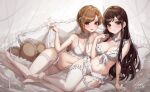  2girls aiba_yumi bangs blush bra breasts brown_eyes brown_hair choker cleavage closed_mouth frills garter_straps hair_ornament highres idolmaster idolmaster_cinderella_girls kudou_(sikisiki0000) lingerie long_hair looking_at_viewer lying multiple_girls navel nitta_minami on_side panties parted_lips pillow short_hair smile thighhighs thighs underwear white_bra white_choker white_legwear white_panties 