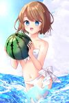  1girl :d ball bangs bare_arms bare_shoulders beachball bikini blue_eyes blue_sky brown_hair clip_studio_paint_(medium) cloud cloudy_sky collarbone commentary_request day front-tie_bikini front-tie_top holding holding_ball looking_at_viewer misaki_(misaki86) navel original outdoors sky smile solo splashing swimsuit water watermelon_beachball white_bikini 