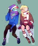  2girls adjusting_clothes adjusting_headwear applejack blonde_hair blue_jacket blush boots drawstring dustymunji earmuffs from_side gloves hat highres jacket mistletoe multicolored_hair multiple_girls my_little_pony open_mouth rainbow_dash rainbow_hair scarf sitting sparkle 