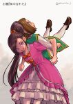  1boy 1girl :d blue_eyes brown_hair carrying chinyan dragon_quest dragon_quest_xi dress hero_(dq11) highres long_hair martina_(dq11) pink_dress purple_eyes purple_hair smile sweatdrop twitter_username very_long_hair younger 