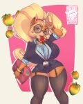 absurd_res activision anthro big_breasts blonde_hair blush bottomwear bread breasts clothing coco_bandicoot crash_bandicoot_(series) eyewear fangs female food fruit fur gesture glasses hair hi_res huge_breasts legwear long_hair mr._deathcat office_lady one_eye_closed plant skirt solo thick_thighs thigh_highs toast v_sign video_games wide_hips wink wumpa_fruit 
