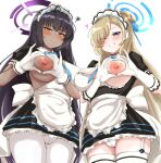  2girls apron asuna_(blue_archive) black_hair black_shirt black_skirt blonde_hair blue_archive blush cameltoe cowboy_shot detached_sleeves gloves halo heart heart_hands highres karin_(blue_archive) large_areolae looking_at_viewer machismo_fuji maid maid_apron maid_headdress multiple_girls nipples one_breast_out pantyhose shirt short_sleeves skindentation skirt thighhighs waist_apron white_apron white_gloves white_legwear 