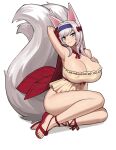  1girl :3 animal_ears arm_up armpits bangs bare_shoulders blue_eyes blue_hairband blush bow breast_suppress breasts cape cleavage closed_mouth commentary commission covered_nipples cross-laced_footwear donburi_(donburikazoku) dress english_commentary eyes_visible_through_hair fox_ears fox_tail full_body hair_bow hair_intakes hair_ornament hairband highres huge_breasts lace-up_heels long_hair looking_at_viewer microdress multiple_tails no_bra original red_bow red_cape red_footwear red_ribbon ribbon sidelocks simple_background sitting solo straight_hair swept_bangs tail tsurime white_background white_hair yellow_dress yokozuwari 