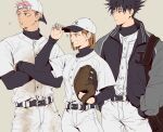  1girl 2boys ? adjusting_clothes adjusting_headwear anger_vein bag bandaged_fingers bandages bangs baseball_cap baseball_mitt baseball_uniform black_hair black_jacket black_shirt blue_eyes breasts brown_eyes brown_hair clenched_teeth closed_mouth commentary_request crossed_arms dirty dirty_clothes facial_mark fushiguro_megumi hair_between_eyes hat itadori_yuuji jacket jujutsu_kaisen korean_commentary kugisaki_nobara kukig8765 long_sleeves looking_to_the_side multiple_boys musical_note pants pink_hair shirt short_hair simple_background sparkle spiked_hair spoken_musical_note sportswear standing teeth undercut white_pants white_shirt 