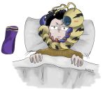  arthropod awake bandai_namco beak bed black_hair blush caterpillar cuddling digimon digimon_(species) digimon_survive duo feral furniture hair hi_res himura-kun human insect larva lying lying_on_bed male mammal on_bed ryou_tominaga segmented_body yellow_body 