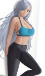  1girl absurdres bangs bare_arms bikini black_pants blue_sports_bra breasts cleavage closed_mouth genshin_impact grey_hair highres large_breasts long_hair looking_at_viewer pants shenhe_(genshin_impact) solo sports_bra stading swimsuit thighs very_long_hair white_background yoga_pants zaphn 