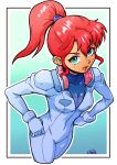  1girl breasts green_eyes gundam hands_on_hips highres kate_bush medium_breasts open_mouth pilot_suit ponytail pose red_hair saika_(pixiv43370196) signature skin_tight unzipped victory_gundam 