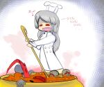  1girl blood blood_stain bubble chef chef_hat chef_uniform chibi cooking drooling extra_eyes food grey_hair hat highres ladle long_hair long_sleeves musical_note naraku naraku_2 neun_02 poconaut pot red_eyes robe romaji_text simple_background soup soup_ladle thighs white_background white_hair 