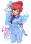  1girl blue_eyes breasts character_name clothing_cutout gundam hand_in_own_hair hand_up heart_cutout highres kate_bush medium_breasts pilot_suit ponytail red_hair saika_(pixiv43370196) signature skin_tight sky_background unzipped victory_gundam 
