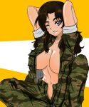  1girl ;) absurdres arms_behind_back arms_up bangs blue_eyes breasts butterfly_sitting camouflage camouflage_jacket camouflage_pants closed_mouth dark-skinned_female dark_skin el_(girls_und_panzer) girls_und_panzer green_jacket green_pants hair_intakes highres jacket knee_up large_breasts lips long_hair looking_at_viewer moesenyukikaze navel no_bra no_panties no_shirt one_eye_closed open_clothes open_fly open_jacket pants sleeves_rolled_up smile solo 