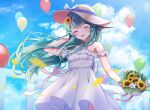  1girl alternate_costume balloon bangs blue_ribbon blush bouquet closed_eyes dress finana_ryugu fish_girl flower green_hair hair_flower hair_ornament hat hat_ribbon head_fins highres nijisanji nijisanji_en purple_eyes ribbon sky sleeveless sleeveless_dress solo sun_hat sundress sunflower sunflower_hair_ornament ustn_(usatan) virtual_youtuber white_dress 