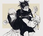  2boys :q baggy_pants blood choso_(jujutsu_kaisen) clenched_hand closed_mouth ear_piercing facial_tattoo fighting_stance japanese_clothes jujutsu_kaisen kimono kukig8765 long_sleeves looking_at_viewer male_focus monochrome multiple_boys pants piercing scarf short_hair short_twintails tattoo tongue tongue_out twintails zen&#039;in_naoya 
