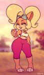  absurd_res activision anthro barefoot beauty_mark blonde_hair bottomwear breasts cleavage clothed clothing coco_bandicoot crash_bandicoot_(series) eyeshadow feet female hair hi_res leggings legwear lipstick long_hair makeup midriff pants paws phone solo stunnerpony thick_thighs tight_clothing video_games wide_hips 