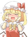  &gt;_&lt; 1girl arnest bangs blonde_hair blush bow bowtie closed_eyes collared_shirt crying crystal facing_viewer flandre_scarlet flying_teardrops frilled_shirt_collar frilled_sleeves frills frown furrowed_brow hands_up hat hat_bow highres mob_cap one_side_up open_mouth puffy_short_sleeves puffy_sleeves red_bow red_vest shirt short_hair short_sleeves simple_background solo tears touhou upper_body vest wavy_mouth white_background white_headwear white_shirt wings wiping_tears wrist_cuffs yellow_bow yellow_bowtie 