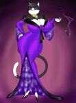  absurd_res alexandra_salome anthro big_breasts breasts choker cigarette_holder clothing crovirus domestic_cat dress eyeshadow felid feline felis female gem hand_on_hip hi_res high_heels jewelry looking_at_viewer makeup mammal necklace purple_clothing purple_dress purple_eyeshadow simple_background solo sparkles wide_hips yellow_eyes 