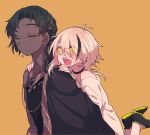  2boys absurdres black_hair blush chariki chariki_(vtuber) dark-skinned_male dark_skin ear_piercing genderswap glasses highres indie_virtual_youtuber male_focus multicolored_hair multiple_boys open_mouth orange_background piercing roma_roma virtual_youtuber white_hair yellow_eyes 