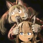  2girls :3 animal_costume animal_ear_fluff animal_ears black_eyes blue_eyes caracal_(kemono_friends) caracal_ears fox_ears fox_girl fox_tail gloves hat highres island_fox_(kemono_friends) kanihai kemono_friends kemono_friends_v_project long_hair mcgunngu microphone multiple_girls parody ribbon tail twintails virtual_youtuber 