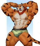  2022 abs absurd_res anthro barazoku biceps big_muscles blue_background border bulge clothing english_text eyebrows felid flexing frosted_flakes fur hand_behind_head hi_res huge_muscles kellogg&#039;s male mammal mascot muscular muscular_anthro muscular_male neckerchief nipples o_reowoof obliques open_mouth open_smile pantherine pecs simple_background smile solo standing teeth text text_on_clothing text_on_underwear thick_thighs tiger tongue tony_the_tiger tuft underwear vein white_border 