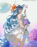  1girl absurdres bare_shoulders blue_hair bubble_blowing dress fingernails flower from_behind hat hat_flower highres holding holding_flower hydrangea kneepits long_hair looking_at_viewer looking_back nail_polish purple_nails rocbouquet_(saga) romancing_saga romancing_saga_re;universe saga smile soap_bubbles solo standing sun_hat sundress very_long_hair vofan white_dress white_headwear wristband yellow_eyes 