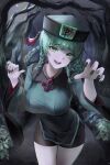  1girl :d absurdres bangs bare_tree bike_shorts black_nails black_shorts braid breasts bush chinese_clothes chinese_knot furrowed_brow ghost_pose green_eyes green_hair green_nails green_shirt hair_ribbon half_moon hands_up hat hat_tassel highres jiangshi_costume korean_commentary large_breasts leaning_forward lillly long_sleeves looking_at_viewer moon night night_sky original qing_guanmao ribbon shirt short_shorts shorts sky smile solo teeth thighs tree twin_braids upper_teeth wide_sleeves 