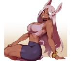  1girl :d animal_ears bangs bike_shorts black_choker black_shorts boku_no_hero_academia border breasts choker cleavage dark-skinned_female dark_skin feet_out_of_frame from_side hand_on_own_thigh hevn large_breasts long_eyelashes long_hair looking_at_viewer midriff mirko nail_polish parted_bangs rabbit_ears rabbit_girl rabbit_tail red_eyes red_nails scrunchie shorts skindentation smile solo sports_bra squatting tail tail_through_clothes teeth thick_thighs thighs toned white_border white_hair white_legwear white_sports_bra wrist_scrunchie yellow_scrunchie 