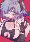  1girl blue_eyes blue_hair breasts chariki demon_girl demon_horns demon_tail demon_wings facing_viewer fang highres horns indie_virtual_youtuber kutinawa large_breasts lingerie looking_at_viewer revealing_clothes solo tail thighhighs tongue tongue_out underwear virtual_youtuber wings 