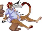  absurd_res anthro beverage burping cheetah claws clothing dialogue diaper discomfort eyes_closed fart feces felid feline gemini_(mezzoknight) hair hi_res male mammal overeating pawpads pizza_box red_claws red_hair red_pawpads rumbling_stomach shirt soiling solo stuffing topwear unknown_artist 