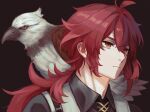  1boy animal_on_shoulder bangs bird bird_on_shoulder black_background black_shirt closed_mouth commentary diluc_(genshin_impact) feathers genshin_impact gloves long_hair male_focus ponytail red_eyes red_hair shirt simple_background togatamaki upper_body vest white_vest 