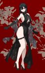  1girl bangs black_dress black_gloves black_hair breasts classy-black-haired_girl_(hayabusa) dress earrings elbow_gloves full_body gloves hayabusa high_heels highres jewelry large_breasts long_hair looking_at_viewer original purple_eyes red_background solo 