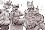  2022 absurd_res anthro bottomwear canid canine canis clothing collar domestic_cat domestic_dog felid feline felis female group hands_in_both_pockets hat headgear headwear hi_res hoodie male mammal military_uniform monochrome open_mouth open_smile pants peace_symbol smile smug therod-r topwear uniform 