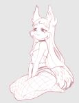  anthro cheek_tuft choker clothing facial_tuft female fishnet fishnet_legwear fluffy fluffy_tail hair hands_between_legs hi_res inner_ear_fluff jewelry kneeling legwear long_hair necklace pekuza041 side_view simple_background sketch solo sonyan topwear tuft 